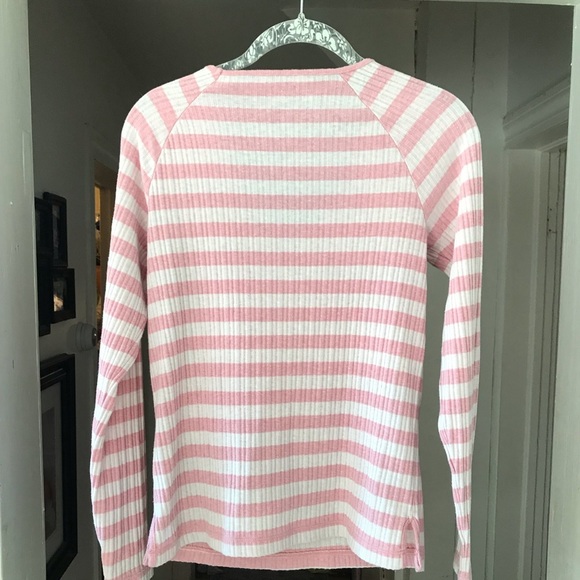 "Lucky Brand Pink Striped Ribbed Lace Up V-neck Sweater Top sz L - Picture 2 of 4